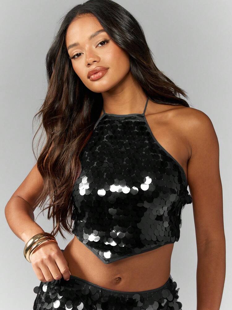MISSGUIDED Sequin Party Crop Top Halter Neck Lace Up Back Disco Festival Evening Club Holiday Glamour Sparkle Cami