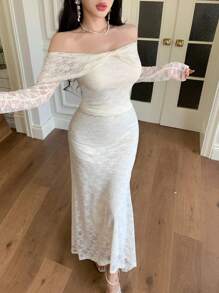 Modelyn 2 件套：女士长袖露肩蕾丝蝴蝶结衬衫和鱼尾裙 - 杏色 - 查看 6