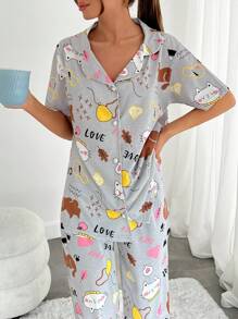 RueChic Women 2 Pcs Contrast Colour Button Front Detail With Cutie Cat Pattern Homewear PJ Set - Grey - View 5