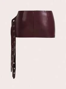 SHEIN ICON 修身PU垂坠装饰超低腰迷你裙 - 酒紅色 - 查看 2