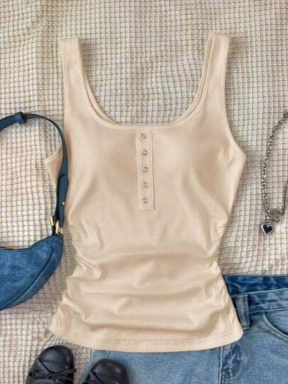 SHEIN Teen Girls Basic White Polka Dot Ribbed White Casual All-Match Tank Top With Metal Buttons And Racerback Tank Top With Built In Bra For Girls Bodysuits For Teen Girls Tank Tops For Summer Girls Tank Tops Bodysuit For Tweens