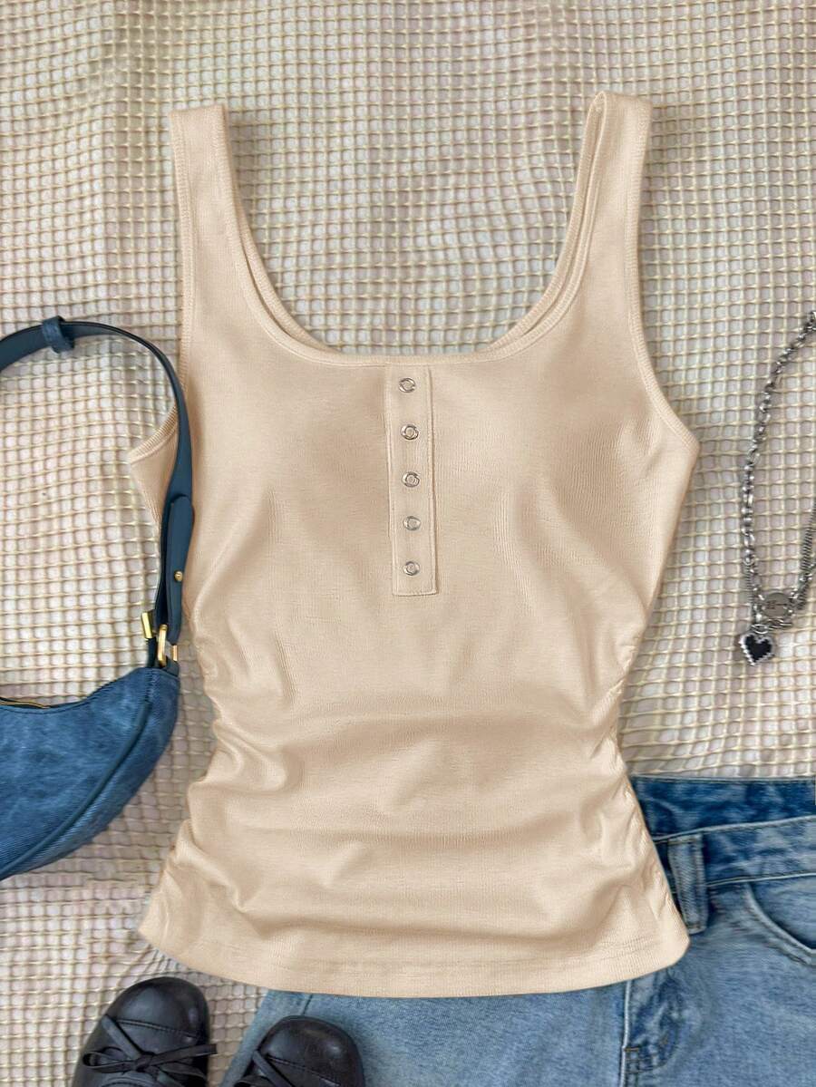 SHEIN Teen Girl's Basic Polka Dot Ribbed Casual All-Match Tank Top With Metal Buttons,Built In Bra,Racerback,Summer,Beige,Casual,Graduation - Apricot - View 1