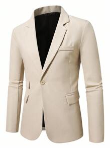 Manfinity Bizformal 男士纯色提花翻领西装外套，适合工作、通勤、聚会 - 卡其色 - 查看 7