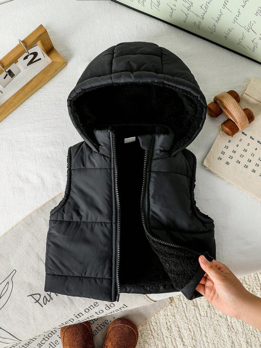 SHEIN Baby Boy Casual Simple Hooded Padded Vest, Fashionable And Suitable For Daily Winter Wear, Outing And Playing, Baby Winter Clothing, 3 Months To 3 Years Old, Baby Brand Clothing Baby Boy Winter Coat Baby Boy Coats Winter Coats Newborn Baby Boy Hooded Jacket Black Baby Vest Winter Vest Vest Baby Boy Unisex Infant Winter Hooded Vest Fall, Puffer Vest - Black - View 1