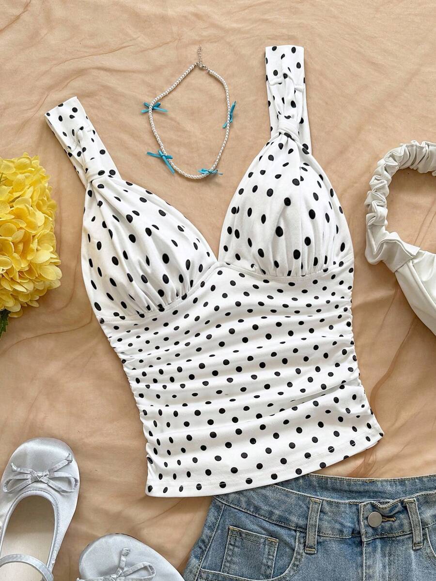 Soleia 女士优雅度假波尔卡圆点针织面料扭纹肩带褶饰修身吊带背心，适合度假、约会、下午茶、海滩、游轮、城市旅行、海岛度假、音乐节、波西米亚度假，可内外穿着波尔卡圆点上衣波尔卡圆点背心可爱上衣夏季上衣女士波尔卡圆点上衣波卡圆点上衣挤奶女工上衣基本款上衣 - 黑與白 - 查看 1