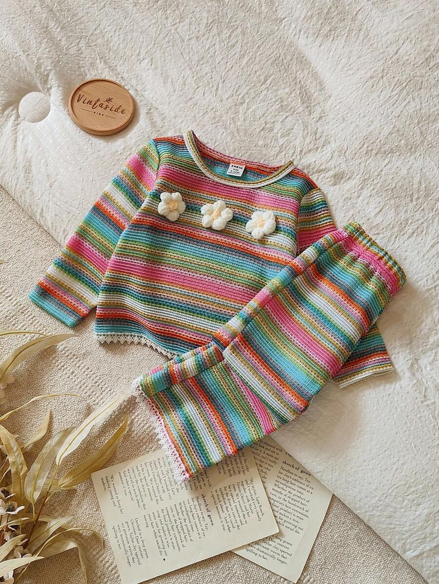 Vintaside Kids 2 pièces Ensemble Top à manches longues avec décor crocheté à rayures arc-en-ciel et floral et pantalon évasé à taille élastique pour bébé fille, avec garniture à franges, tenue décontractée chic pour l'automne, convient pour de multiples occasions