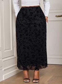 SHEIN PETITE CURVE 大码女式黑色花卉印花网眼鱼尾下摆半身裙 - 黑色 - 查看 2