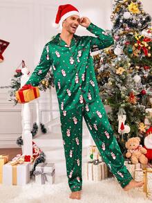 SHEIN Conjunto de pijama de 2 piezas cómodo con estampado de pingüinos y bastones de caramelo de manga larga para hombre, conjunto a juego de padre e hijo (se venden 3 sets por separado) Pijama navideño de pingüinos, ropa de otoño e invierno