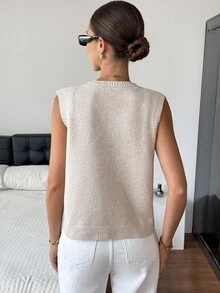 SHEIN Frenchy 女款仿珍珠裝飾V領前開扣針式針織背心，秋季秋冬休閒法式優雅辦公下午茶米色 - 杏色 - 查看 2
