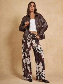 SHEIN BAE 女式印花抽绳腰宽松阔腿休闲裤 - 卡其色 - 查看 1