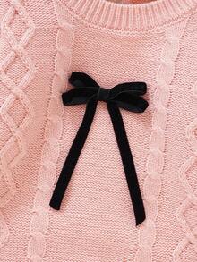 SHEIN Staubiges Rosa Herbst süßes Familien-Matching Baby Mädchen Strick-Romper modischer Jumpsuit mit Flügelärmeln und Schleifen-Dekor Langarm-Pullover-Outfits - Pink - Übersicht 4
