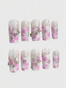 ROMWE Kawaii Y2K 朋克风格粉色金属星法国波尔卡圆点动物印花长款手工假指甲，粉色甜美性感女孩