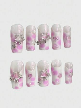 Kawaii Y2K Punk Style Pink Metallic Star French Polka Dot Animal Print Long Handmade False Nails, Pink Sweet & Hot Girls