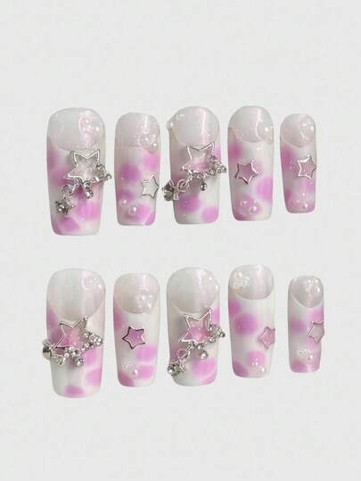Kawaii Y2K Punk Style Pink Metallic Star French Polka Dot Animal Print Long Handmade False Nails, Pink Sweet & Hot Girls