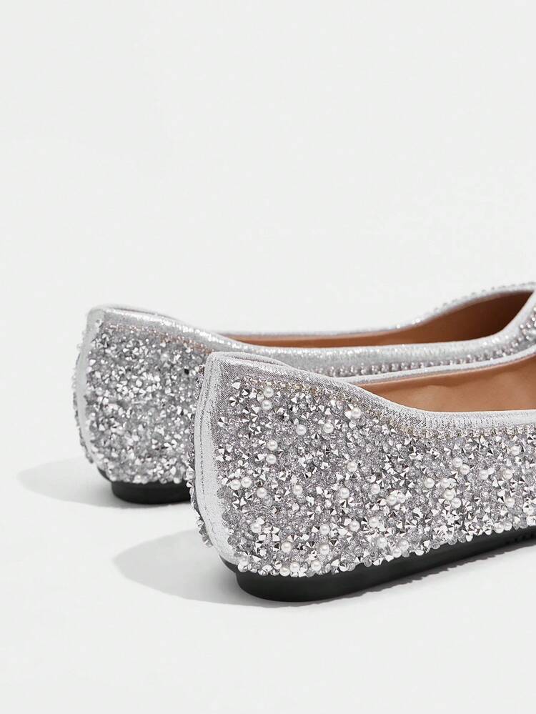 CUCCOO TILAWA Women's Fashionable Pointed Toe Flats With Rhinestones, Luxury Silver Color, Comfortable Casual Everyday Wear For Christmas