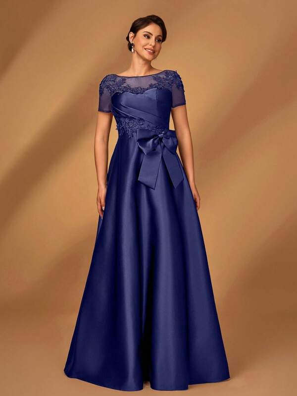 Serin Elegancka, luksusowa, romantyczna, satynowa, plisowana sukienka z siateczki, z aplikacją z koralików, z krótkim rękawem i kokardą w kształcie litery A, idealna na wieczorne przyjęcie, randkę, wakacje, bal, wesele, sukienkę dla panny młodej i matki