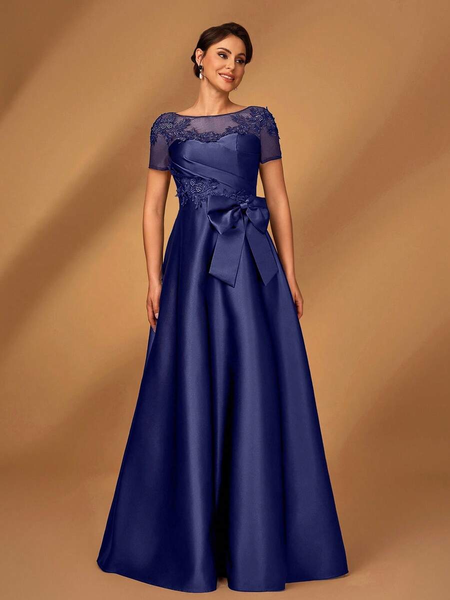 Serin Elegancka, luksusowa, romantyczna, satynowa, plisowana sukienka z siateczki, z aplikacją z koralików, z krótkim rękawem i kokardą w kształcie litery A, idealna na wieczorne przyjęcie, randkę, wakacje, bal, wesele, sukienkę dla panny młodej i matki