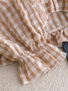 SHEIN CURVE+ 大码休闲办公室格子灯笼袖衬衫，女士秋季服装 - 卡其色 - 查看 4