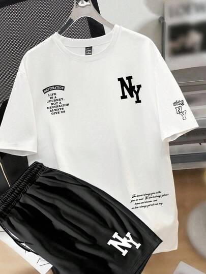 Manfinity Joysei Men's Casual Simple New York Letter Print T-Shirt Set