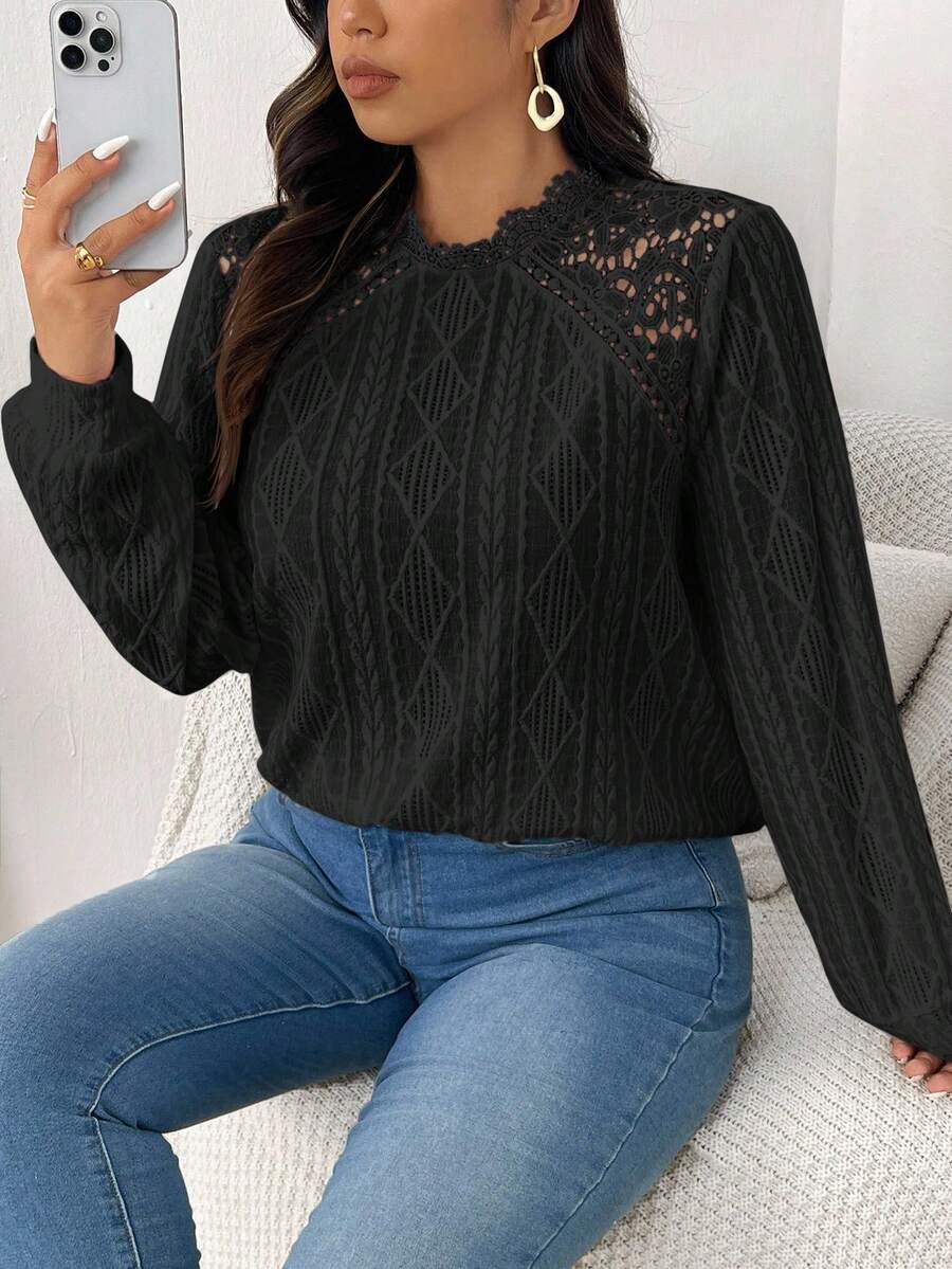 SHEIN Frenchy Áo thun nữ tay dài đơn giản, thời trang, đa năng, cỡ lớn, mặc hàng ngày - màu đen - Xem 1