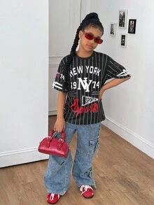 Tween Girl Streetwear Casual Versatile Sports American Team Baseball Striped Graffiti Oversized Short Sleeve Crew Neck T-Shirt,Holiday,Summer,Travel Graphic Tee - Black - View 3