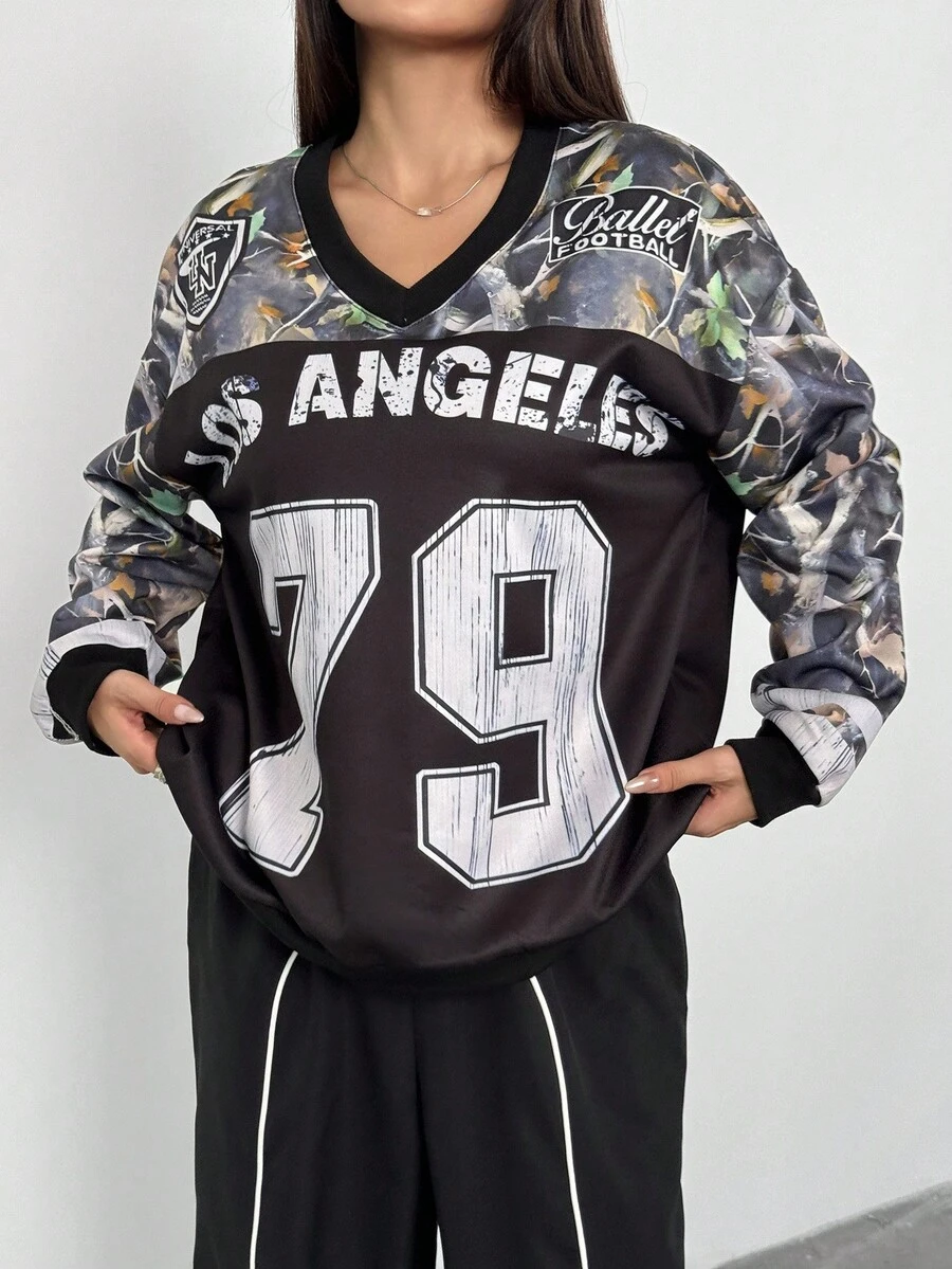 Teens (Girls) Casual Street Sports Jersey Camouflage Oversized V-Neck Sweatshirt Fall Winter - Black - View 1