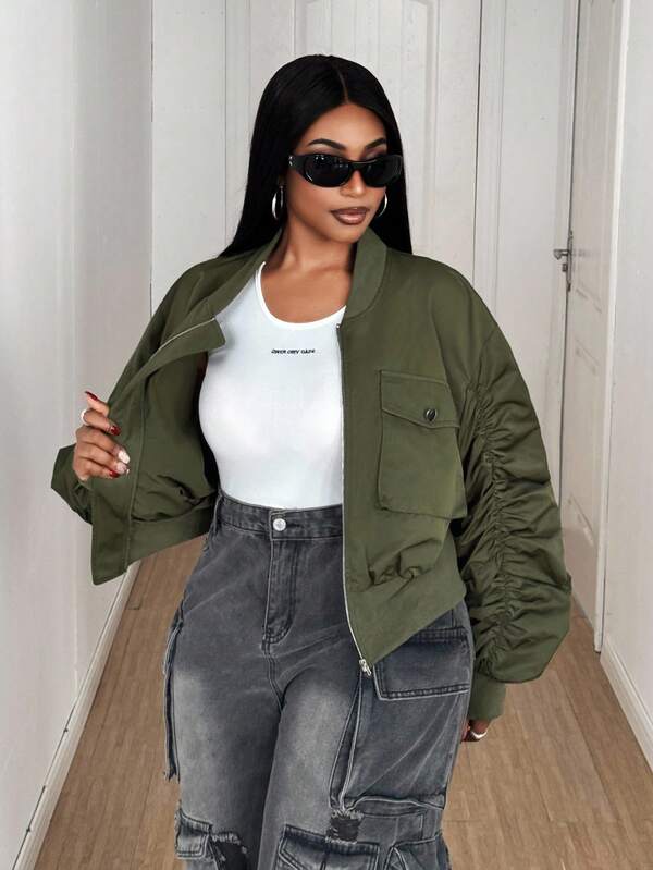 Maweii Plus Size Casual Solid Color Ruched Jacket Winter Fall Autumn