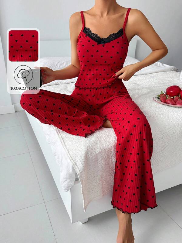 EURMUSE 2 Pezzi Set abbigliamento per la casa Comodo Sottoveste con Motivo Cuore Rosso in Cotone e Dettagli in Pizzo