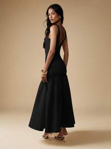 MISSGUIDED 无袖针织府绸混纺中长连衣裙，圆领，低腰，喇叭下摆，适合夏季婚礼宾客、假日派对、晚宴等正式场合穿着。 - 黑色 - 查看 2