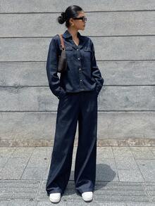 DAZY 2 件套女士时尚牛仔套装，单排扣背心和宽松阔腿裤 - 藍色 - 查看 7