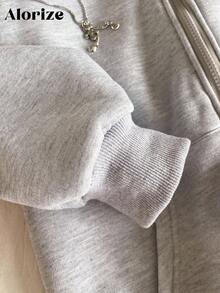 Sparklyn Teen Girl Casual Hooded Zip-Up Sweatshirt, Pink Bow Embroidery On Chest, Two Pockets On Sides, Suitable For School, Commuting, Walking, Can Be Paired With Sweatpants, Long Sleeve Tops, Sweaters Fall Winter - Grey - View 4