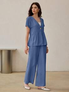 Modelyn 2件組女裝套裝：蝙蝠袖鈕扣襯衫與鬆緊腰直筒長褲，春/秋季 - 藍色 - 查看 4