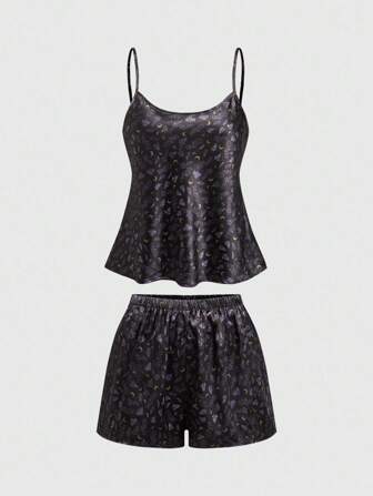 Goth Set pigiama da donna con canotta in raso e pantaloncini con stampa a felce viola