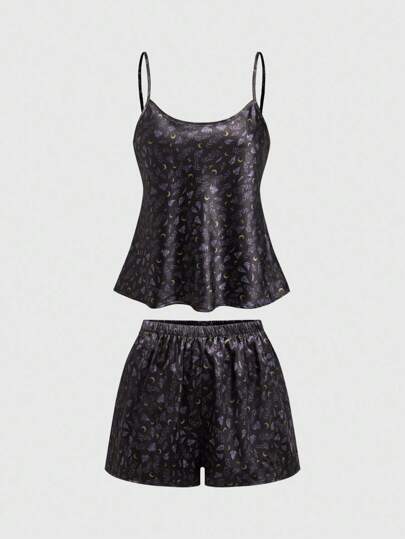 Goth Conjunto de pijama de top de camisola y pantalones cortos de satén con estampado de helecho morado para mujer