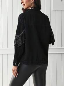 EMERY ROSE Fringe Trim Drop Shoulder Denim Jacket