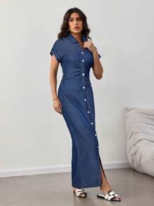 SHEIN Lady Váy denim đơn hàng ngày tay ngắn viền cuộn màu trơn dành cho nữ, mùa hè - Rửa tối - Xem 3