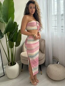 RebeccaVibe 女士条纹短款抹胸和迷你裙套装 女士条纹短款抹胸和迷你裙套装 节日约会之夜下午茶 春夏季度假 - 彩色 - 查看 6