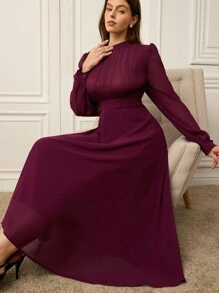 Aveloria Rosie Abito plissettato in chiffon leggero e fluido con vita alta e maniche lunghe, taglie comode - Viola rosso - Visualizzare 6