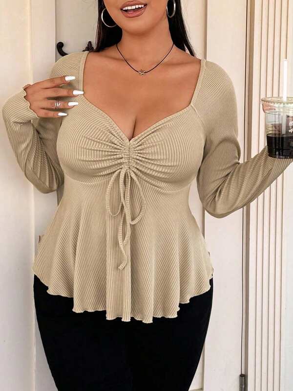Vionelle Plus Size Rhinestone Neck Front Drawstring Ribbed Long Sleeve T-Shirt Fall Cloth For Women