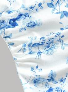 Girlism Tween Girls Jacquard Flare Sleeve Jacket & Ditsy Floral Slip Dress Co-Ord Set, Sweet Casual Elegant,Summer,Y2k,Vacation,Streetwear,Holiday,New Years - Blue and White - View 9