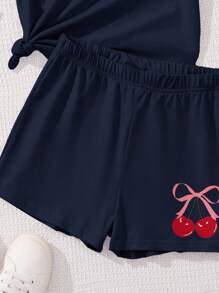 Emery Rose Kids Emery Rose Kids Bộ 2 món áo ngắn tay tối giản thường ngày và quần short cho bé gái tuổi teen, phù hợp cho mùa hè - Màu xanh hải quân - Xem 6