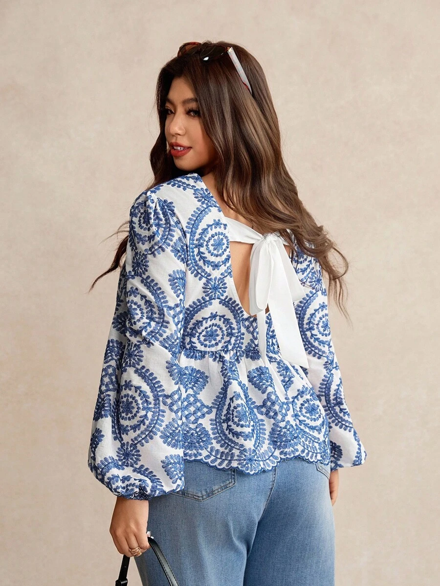 Elaquor Blus Wanita Ukuran Besar Kasual Modis Serbaguna dengan Bordir, Tali Belakang, Ruffle, dan Patchwork Warna Biru & Putih, Lengan Panjang, Pakaian Musim Gugur untuk Wanita - Blue and White - View 1