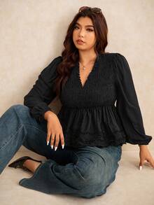 Elaquor 大码休闲纯色荷叶边下摆灯笼袖衬衫