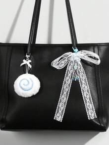 ROMWE Kawaii 3pcs Minimalist Cute Sweet Versatile High-Quality Blue Plush Fish Cake Swirl Resin Bow Flower Star + 80cm White Lace Headband Combo Set, DIY Keychain Bag Pendant, Suitable For Women, Daily Wear, Holiday Gift - Blue - View 2