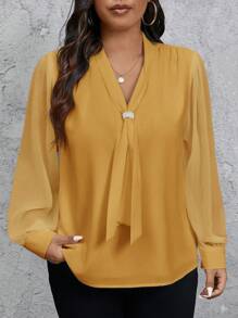 SHEIN Privé 大码纯色 V 领长袖休闲衬衫 - 芥末黃 - 查看 6