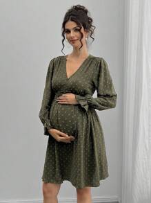 Momance Váy dài tay cổ chữ V họa tiết trơn màu đơn sắc dành cho bà bầu - xanh quân đội - Xem 5