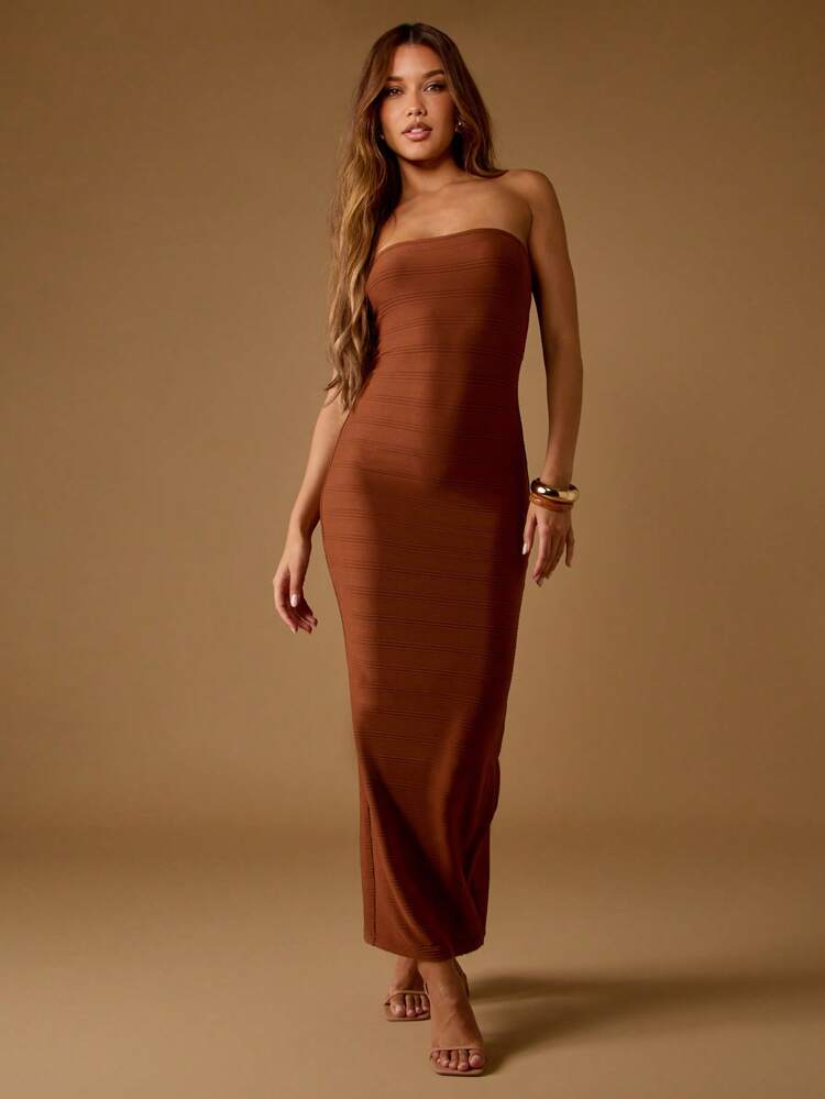 MISSGUIDED Strapless Bodycon Evening Maxi Dress Ribbed Knit Form Fitting Party Club Special Occasion Long Dress With Back Slit Autumn Winter Collection