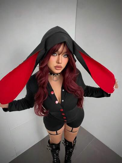 Sunspun Fashionable Dark Cute Red & Black Plaid Rabbit Ear Contrast Color Elastic Knit Jumpsuit Halloween Costume Women Cosplay Outfit Fall Cloth For Women