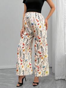 SHEIN Elegant Maternity Floral Print Wide Leg Pants For Commuting - Multicolor - View 3