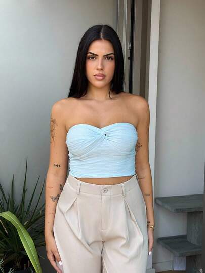 Lucia Bellido Áo Bandeau họa tiết ombre xoắn phía trước cho kỳ nghỉ của phụ nữ, phù hợp cho lễ hội âm nhạc, phong cách Boho, ngày lễ, hẹn hò, trà chiều, mùa xuân/hè cho ngày lễ tình nhân